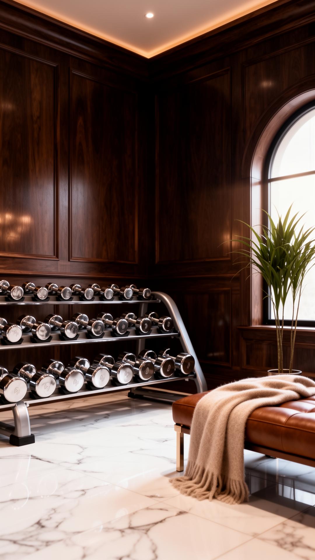 A walnut-paneled private home gym with chrome dumbbells and white marble floor